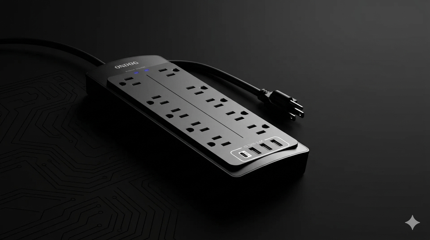 PlugZeno power strip on a dark surface