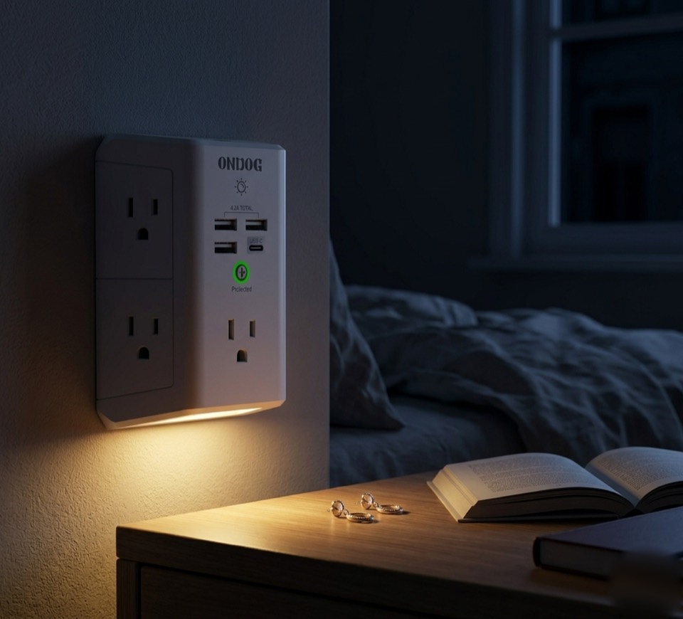 PlugZeno wall outlet extender lighting a calm bedroom